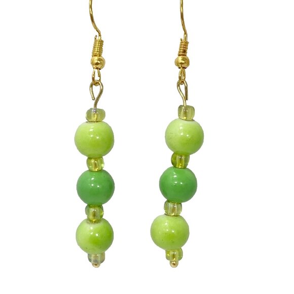 Murano Style Art Glass Bead Ball Earrings Lime Green Gold Plated Seed Beads - Picture 2 of 6